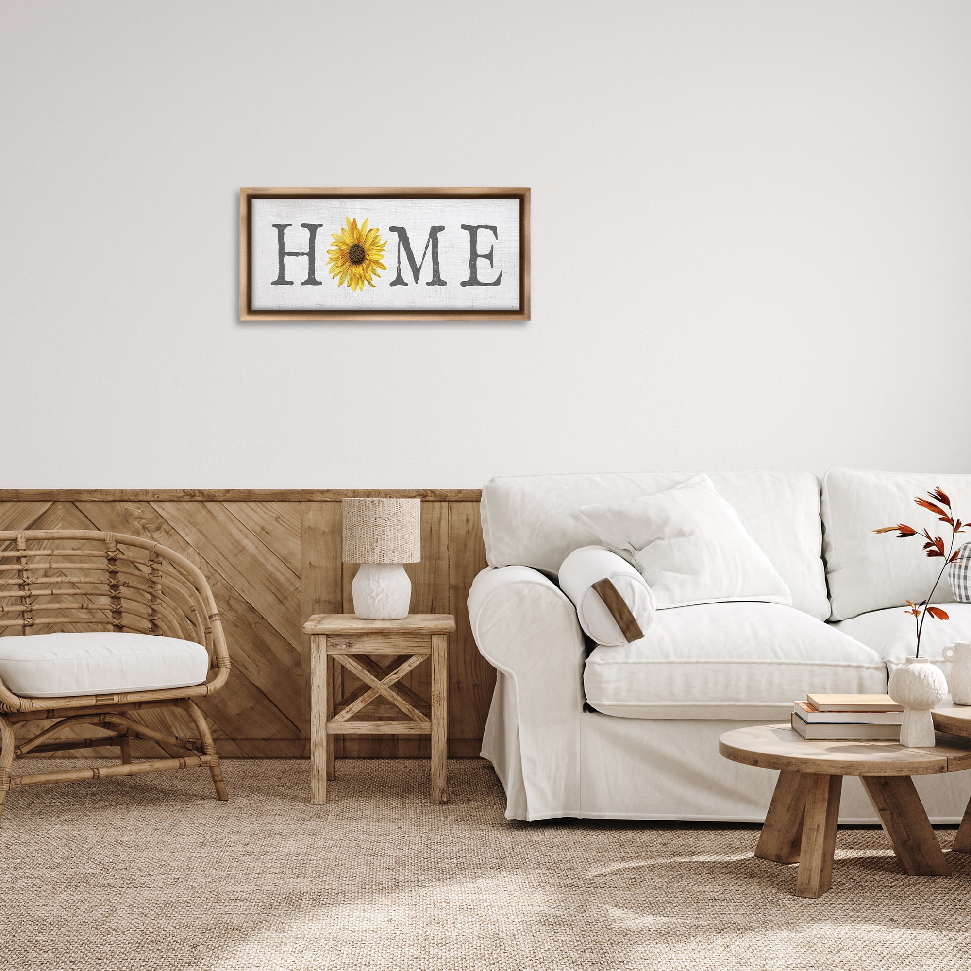 Stupell Industries Rustic Home Text with Sunflower Typography Painting Brown Floater Framed Canvas Art Print Wall Art, 25 x 11