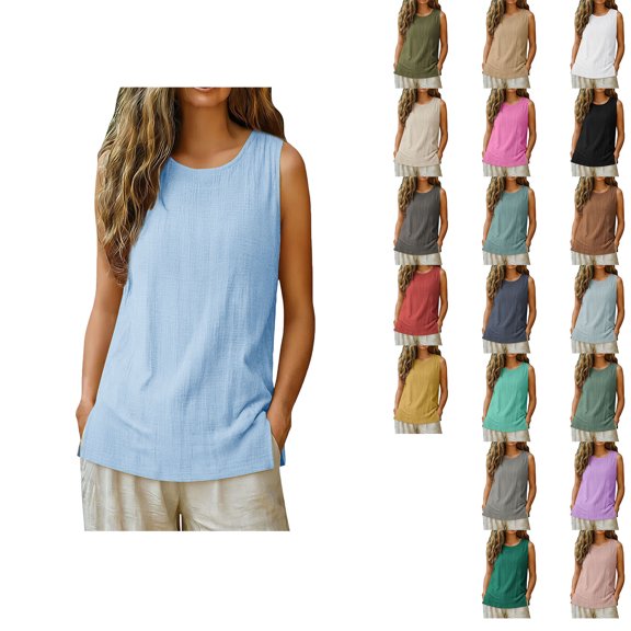 Antinious Ladies Solid Round Neck Sleeveless Split Hem Loose Mid Summer Daily Tank Tops