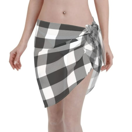 Coaee White And Black Plaid Women s Short Sarongs Beach Wrap Sheer Bikini Wraps Chiffon Cover Ups for Beach  Swimming  Holiday