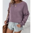 thumbnail image 5 of Round Neck Knitted Casual Sweater Plain Color Hollow Lace Up Long Sleeve Knitted Sweater Top for Women, 5 of 7