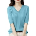 thumbnail image 2 of BRDFRL Women Summer Knit Shirt Blouse V Neck Short Sleeve Pullover Sweater Tops Light Blue M, 2 of 5