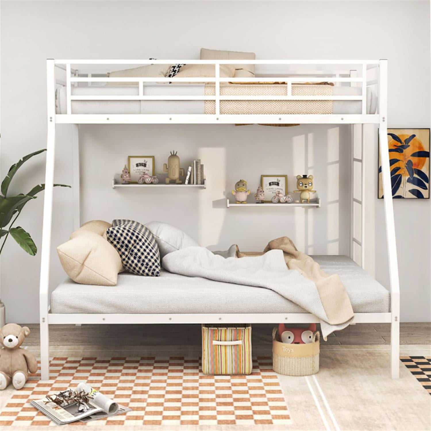 Demi Bonn Twin Over Full Bunk Bed with Safety Rail and Ladder, Twin Bunk Beds, Space-saving Metal Slatted Bed Frame, No Box Spring Needed, White
