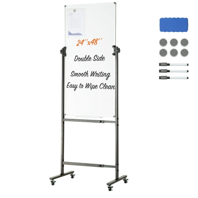 VEVOR Tableau Blanc Magnétique Roulant, Tableau Blanc Mobile Double Face 24x48 Pouces, Hauteur Réglable Effaçable à Sec avec Roues, 1 Effaçable Magnétique & 3 Marqueurs Effaçables à Sec & Plateau Mobile pour Bureau École