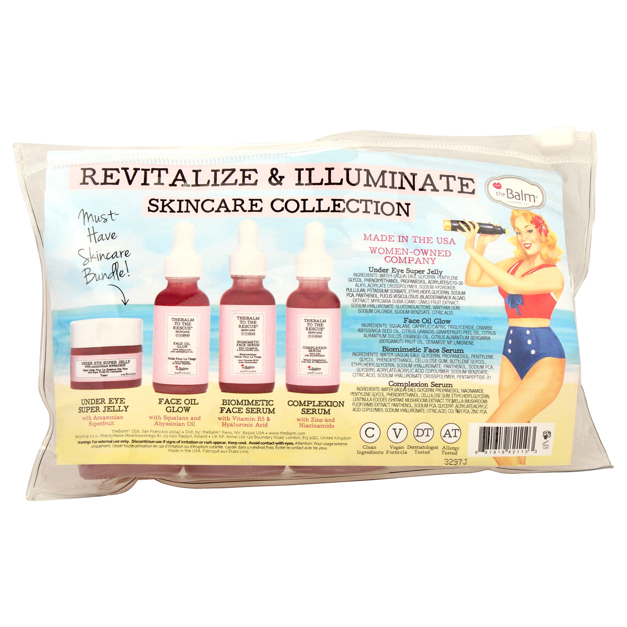 Revitalize and Illuminate Skincare Collection by the Balm for Women - 4 Pc 0.5oz Under Eye Super Jelly, 1oz Face Oil Glow, 1oz Biomimetic Face Serum, 1oz Complexion Serum
