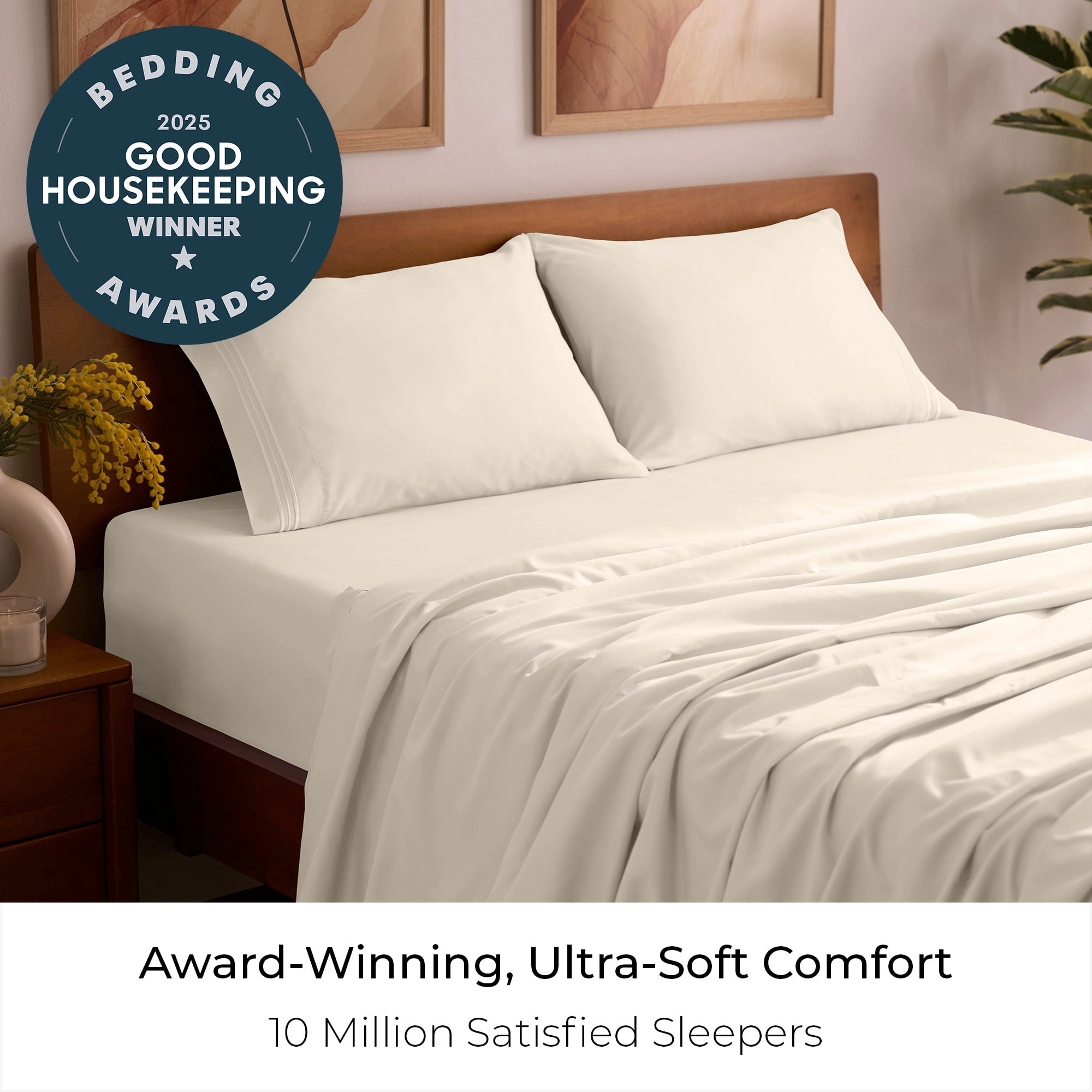 Mellanni 4-Piece Iconic Queen Bedsheet Set - Microfiber, 16" Deep Pocket, Cooling, Wrinkle, Fade, Stain Resistant, Golden Ivory