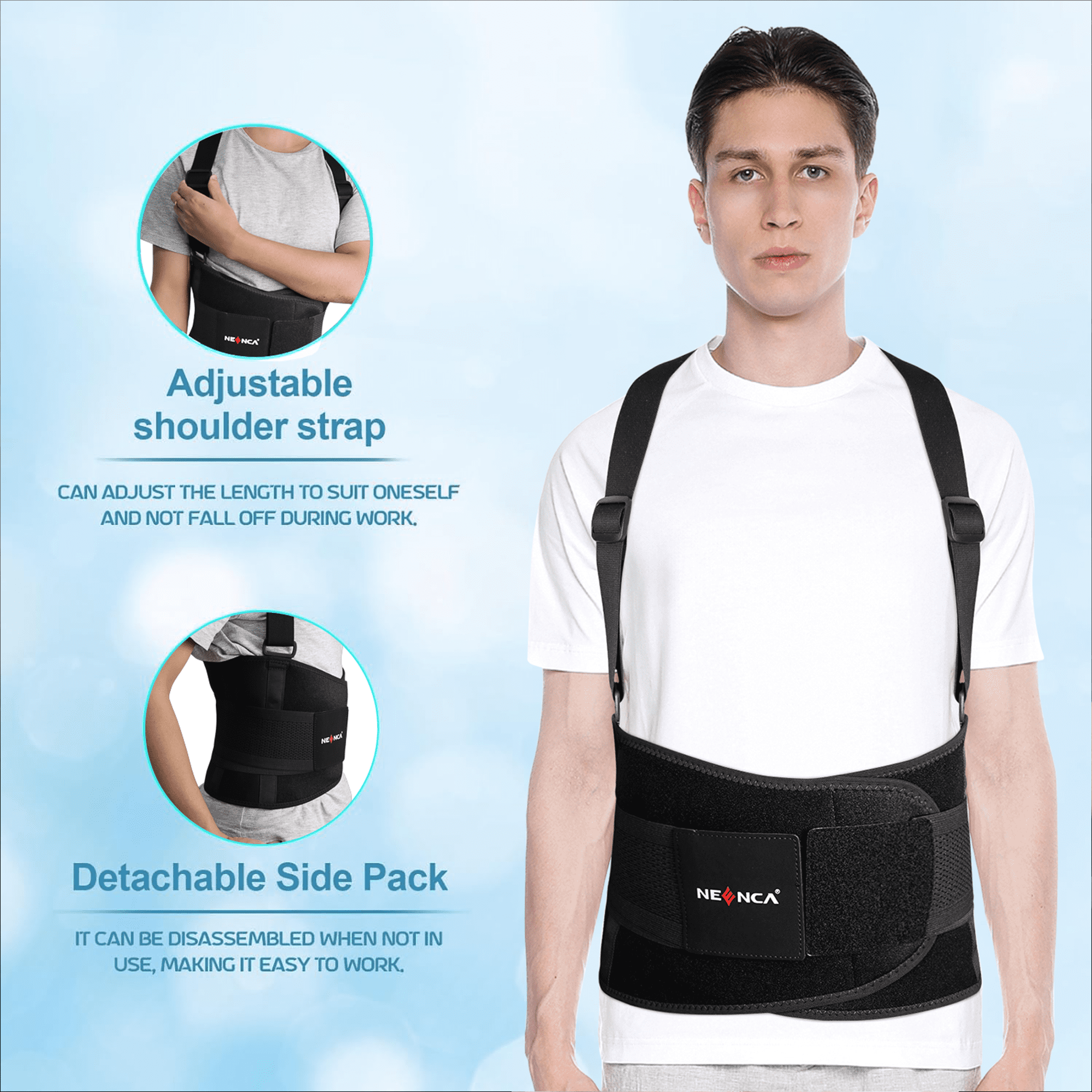 NEENCA Work Back Brace with Suspenders - Industrial Lower Back Support Belt for Lifting, Pain Relief, Posture Correction (Black, XXL)