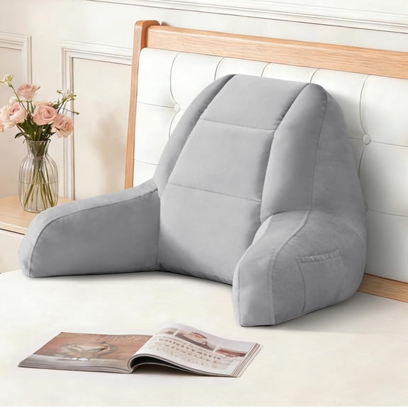 Back Pillow for Bed Sitting Up, Reading Pillows for Beds, Bed Pillow for Sitting up, Backrest Pillows with Arms for Adult, Filled with Shredded Memory Foam for Beds, Couch, Floor, Light Grey