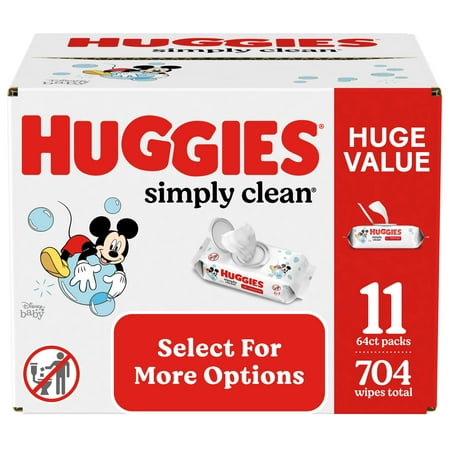 Huggies Simply Clean Fragrance-Free Baby Wipes, Unscented Diaper Wipes, 11 Flip-Top Packs (704 Wipes Total)