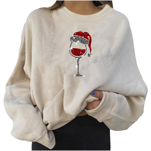Gibobby Sudaderas Navideñas para Mujeres Sudadera con estampado navideño para mujer, de cuello redondo informal, camisa holgada, Tops ligeros(Beige,M)