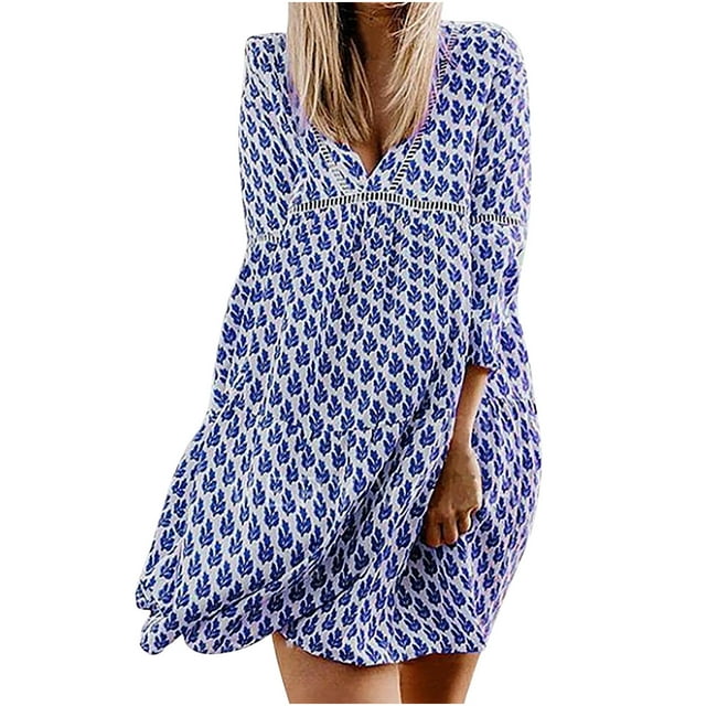 Fridja Robe Décontractée Ample pour Femme à Manches 9/10, Imprimée, Fendue, à Col en V