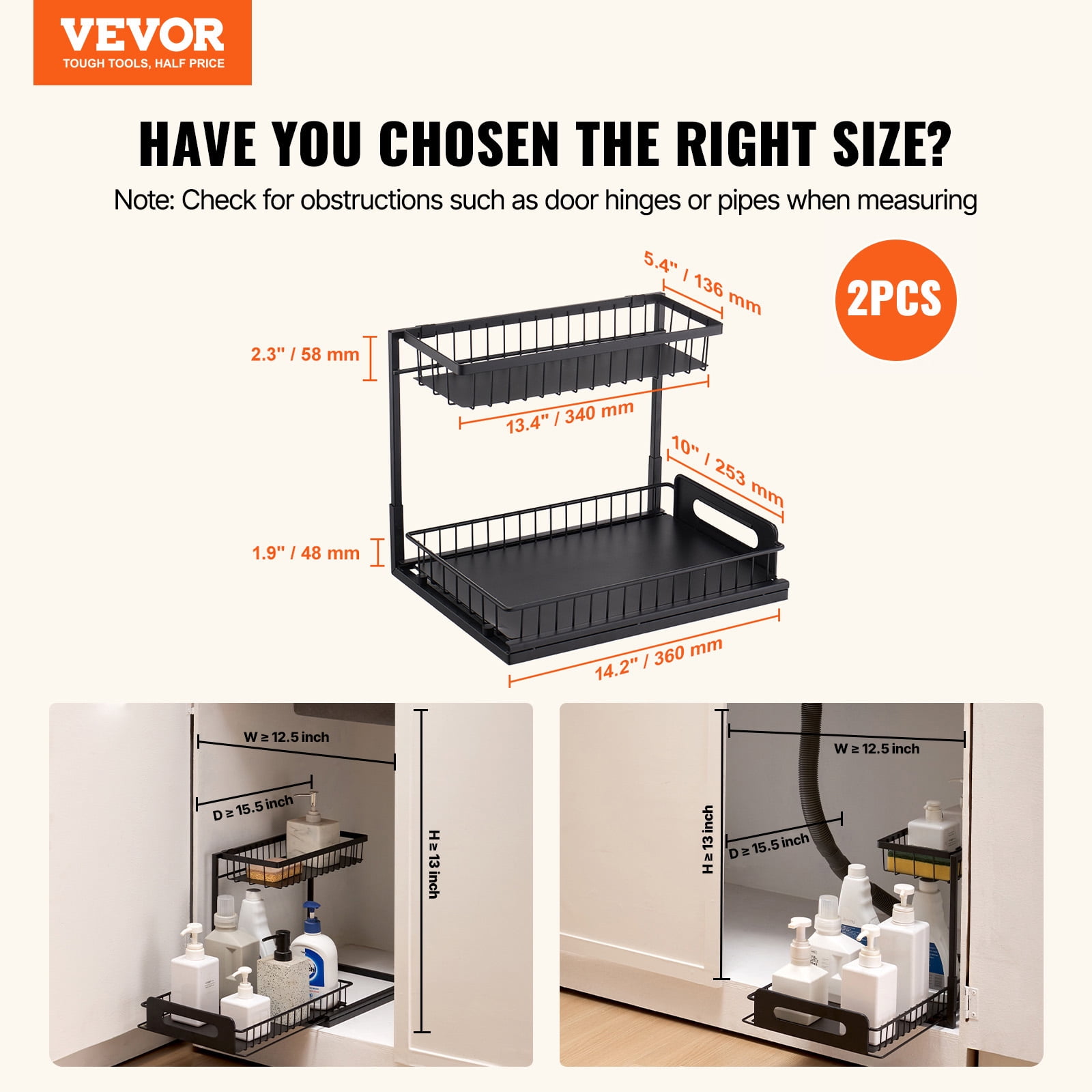 VEVOR 2 Tier Pull Out Cabinet Organizer(10.7"W x 14.2"D ), Under Sink Organizer and Storage, Slide Out Drawer Cabinet Organizer, Wire Basket Sliding Shelf, 12.5"Wx15.5"Dx13"H Install Size for Cabinet