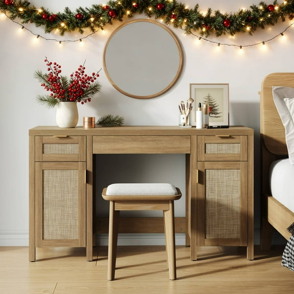 SICOTAS Boho Vanity Desk with 3 Drawers & 2 Storage Cabinets, 52 inch Rattan Makeup Desk with Adjustable Shelves, Farmhouse Dressing Table for Bedroom, Executive Computer Desk for Home Office, Oak