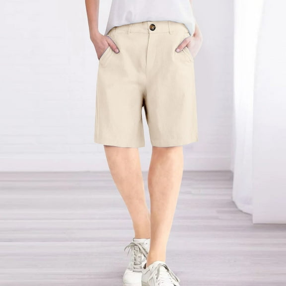 Stephy Womens Casual Solid Sport Zipper Waist Pants Shorts Elastic Waist Back Pockets Daily Shorts, Beige, S