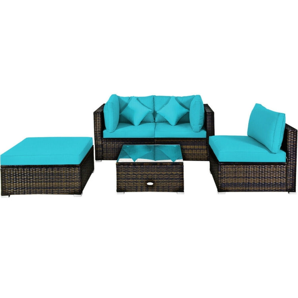 Topcobe 5 Pcs Outdoor Patio Rattan Furniture Set Sectional Conversation with Navy Cushions, Outdoor Patio Furniture for Garden Backyard-Turquoise