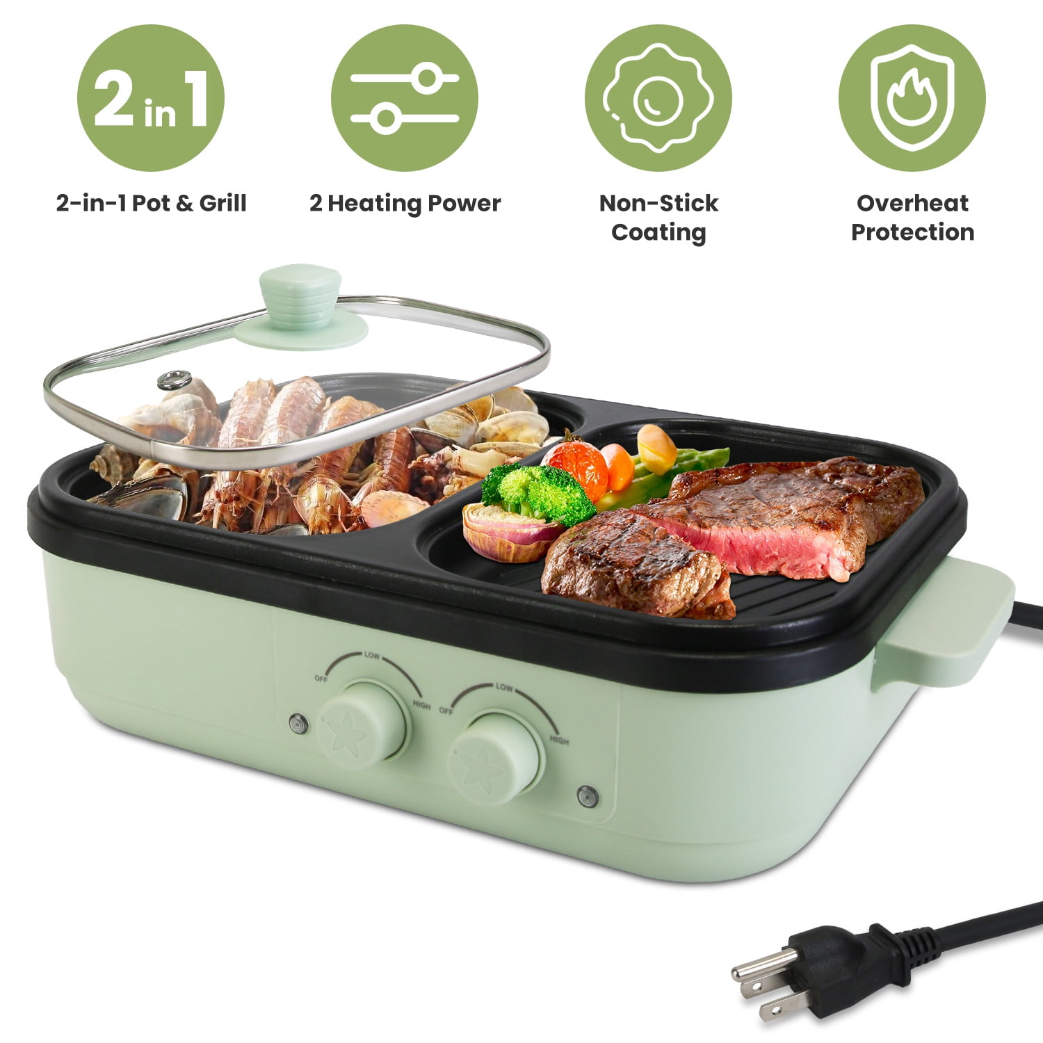 2 In 1 Hot Pot And Grill Combo, Dual Independent Temperature Control Non-Stick Die-Cast Aluminum Cooker, Overheat Protection Small Appliance For 1-2 People Dorm Kitchen Household Use