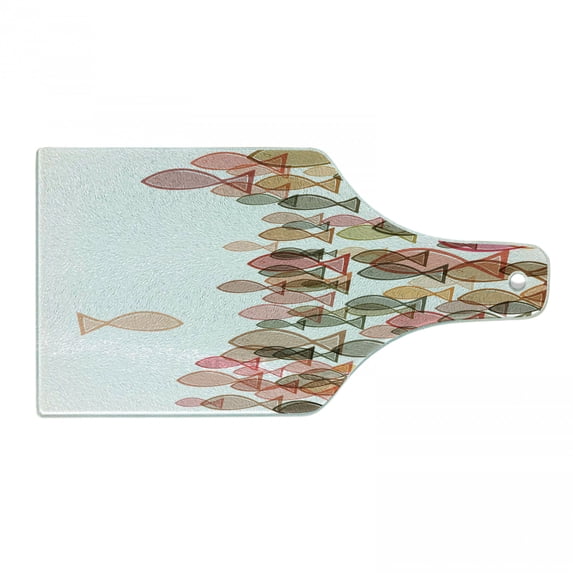 Nautical Cutting Board, Fish Flock Facing Others Design Seashore Print in Soft Pastel Color Tones, Decorative Tempered Glass Cutting and Serving Board, Wine Bottle Shape, Multicolor, by Ambesonne