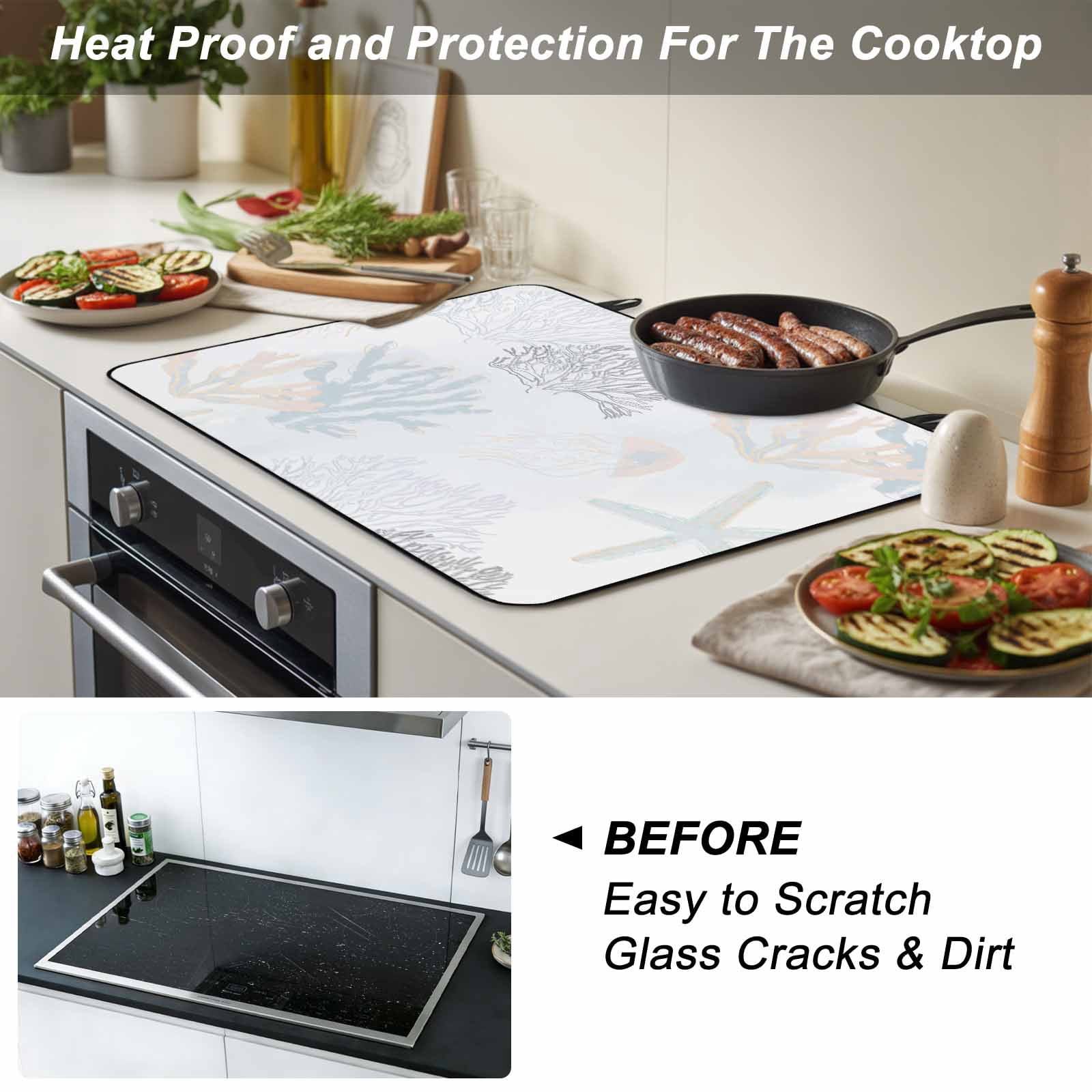 Blue Pink Coral Coastal Stove Top Cover for Electric Stove, Heat-proof & Non Slip Glass Top Stove Cover Protector, Nautical Starfish Summer Beach Kitchen Flat Cooktop Rubber Mat 28.5x20.5 Inches
