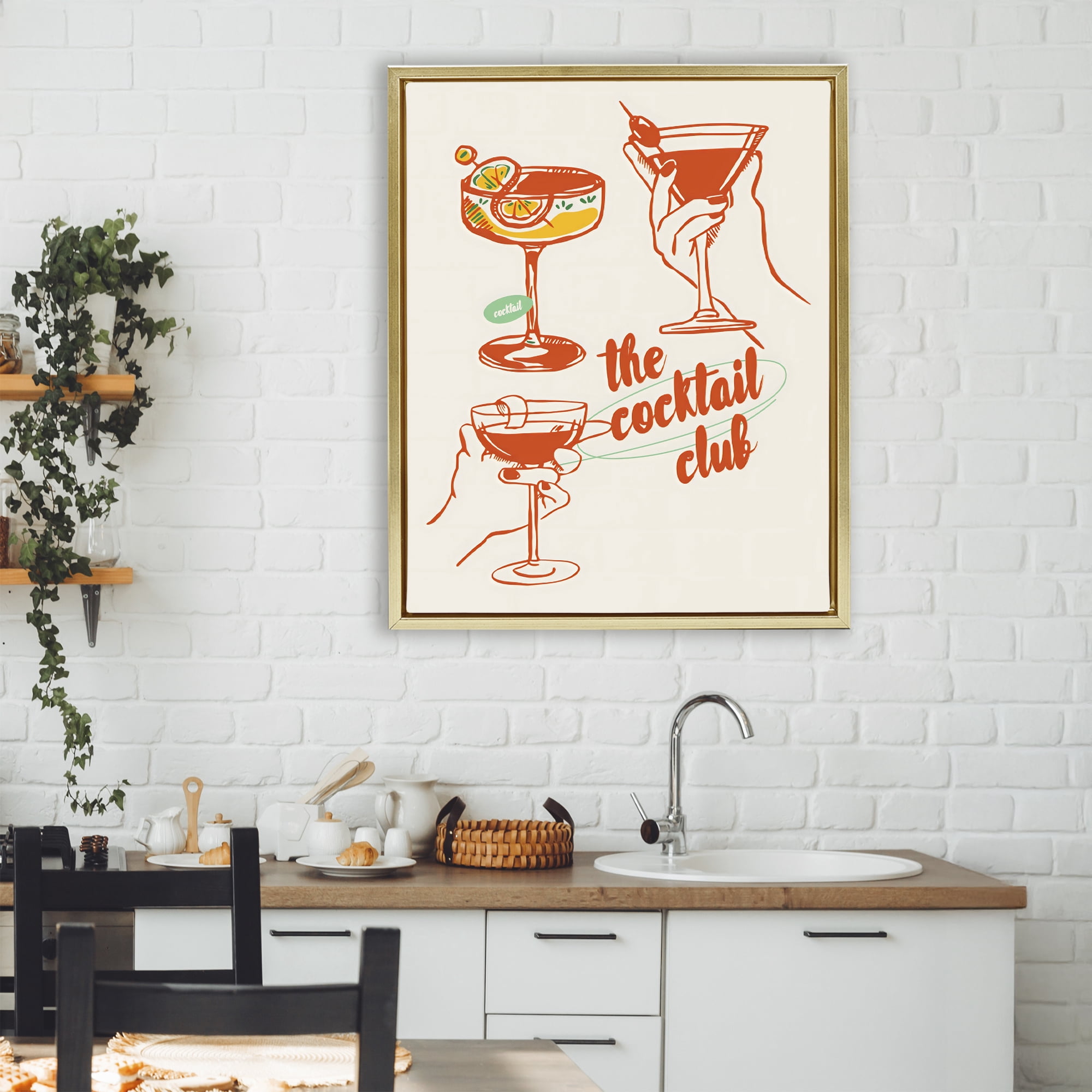 Stupell Industries Cocktail Club Toasting Glasses Gold Framed Floater Canvas Wall Art, design by The Prints Vibe