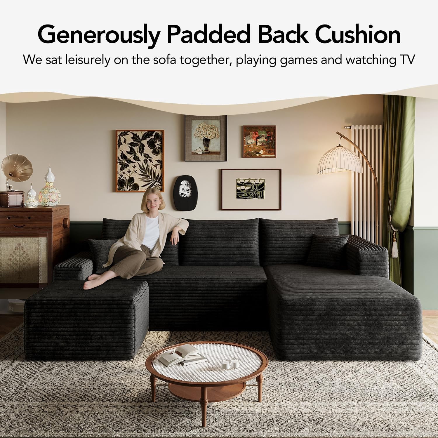 103" Cloud Sectional Sofa, Modern L Shaped Deep Seat Couch, Plush Corduroy Upholstered Sofa No Assembly, Living Room
