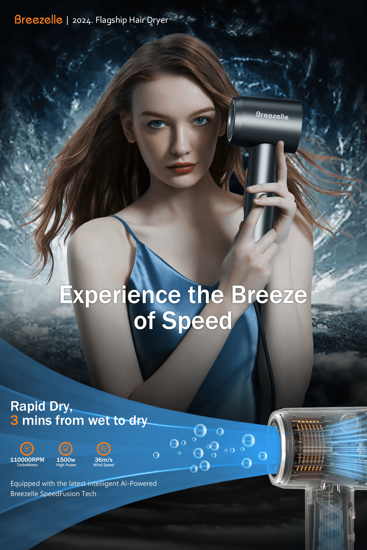 Breezelle Hair Dryer - Professional Compact Lightweight High Speed 500 Millions Negative Ionic Blow Dryer with Diffuser,Portable Blowdryers for All Hair Type,110,000 PRM Hair Dryer for Women