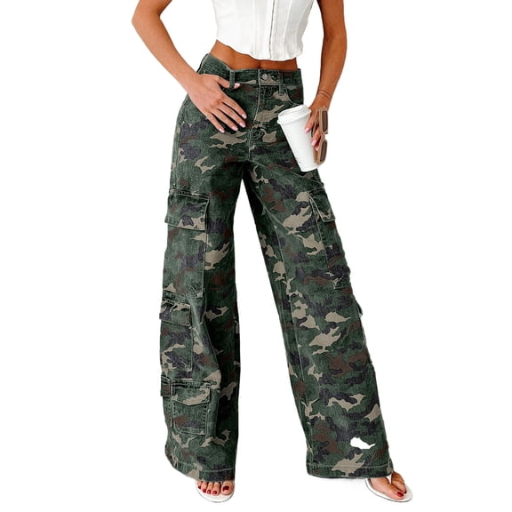 Women's Green Camo Denim Cargo Wide Leg Pants – Casual Comfort for Everyday Style | 16