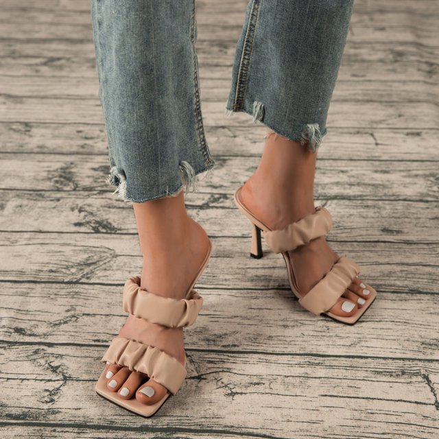 Zapatos de mujer Moda Color sólido Minimalista Cabeza cuadrada Sandalias de tacón plisado Zapatillas Chanclas Wmkox8yii hj789
