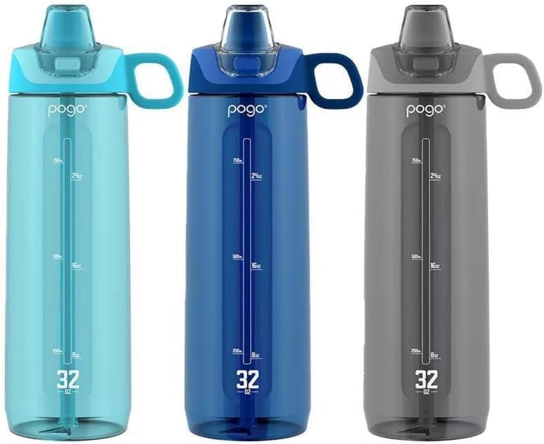 Pogo BPA-Free Tritan Water Bottles with Soft Silicone Straw, 32oz, 3pk (Sky, Blueberry, Gray)