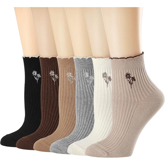 Womens Socks, Ruffle Turn-Cuff Casual Ankle Breathable Cool Knit Cotton Lettuce Crew Frilly Sock 6 Pairs