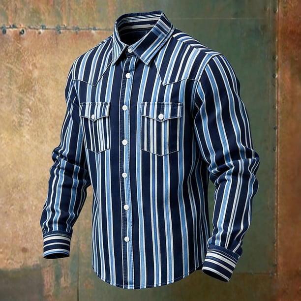 Ceisia Men's Loose Fit Vintage Multi-Stripe Print Long Sleeve Cotton Shirt Blue XXXXXL Gifts