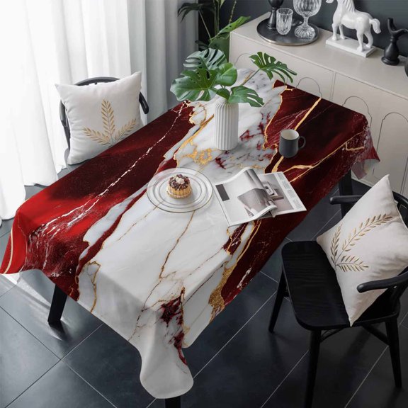 Marble Red Table Cloth Waterproof Tablecloths, Modern Abstract Gold White Brick Stone Motif Tablecloth Dining Table Cover for Kitchen Party Tabletop Outdoor, Rectangle Tablecloth 60x120 Inch