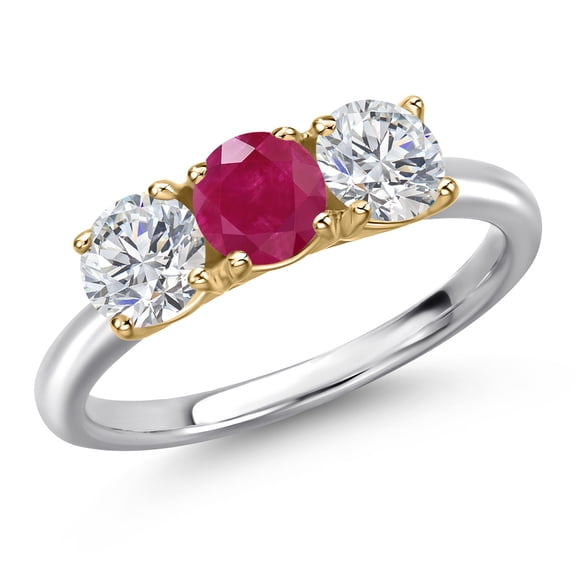 Gem Stone King 10K Two Tone Gold Red Ruby and Lab Grown Diamond Engagement Ring for Women | 1.55 Cttw | Round 5MM | Gemstone July Birthstone | Size 6
