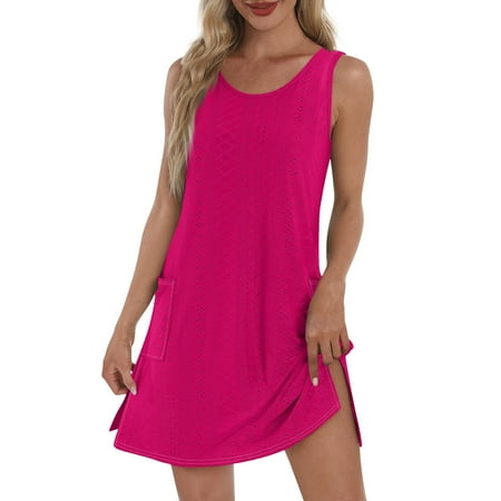 UoCefik Womens Swimsuit Coverup Hollow Out Bathing Suit Cover Up Sleeveless Bikini Beach Cover Up Tank Dress Hot Pink 3XL