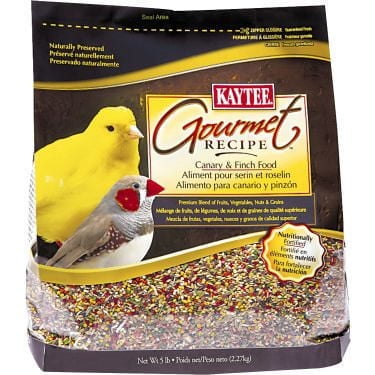 Kaytee Gourmet Recipe - Canary & Finch Food bag with a natural seed and grain blend fortified with vitamins and balanced omega fatty acids, showing a yellow canary and grey finch on the front, suitable for indoor birds needing balanced nutrition.