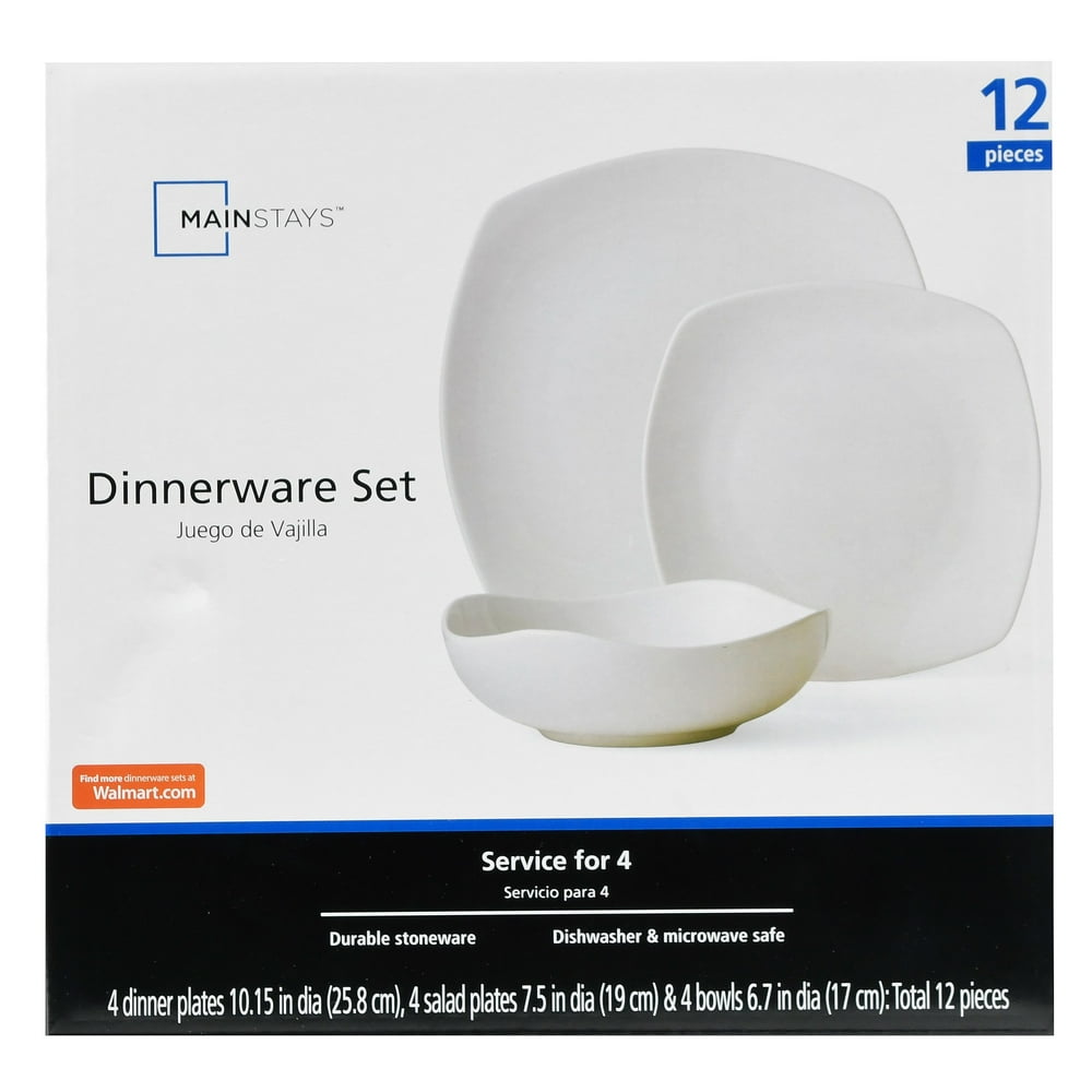Mainstays Square White Dinnerware Set, 12 Piece