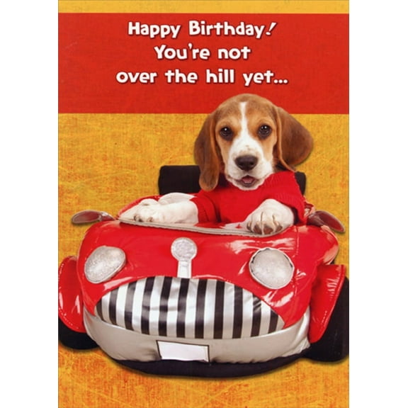 Designer Greetings Beagle in Red Stuffed Toy Car Funny : Humorous Dog Over the Hill Birthday Card for Him : Man : Men