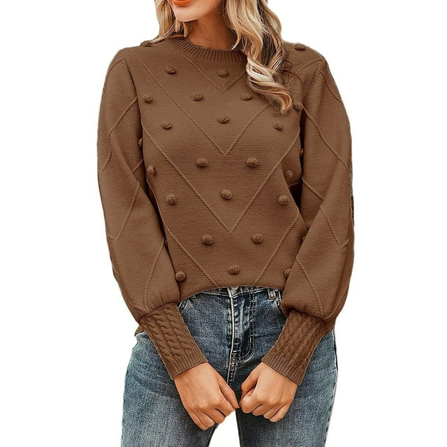 Chandail Col Rond Automne pour Femmes Mignon Manches Longues Bouffantes Tricot Épais avec Pompon