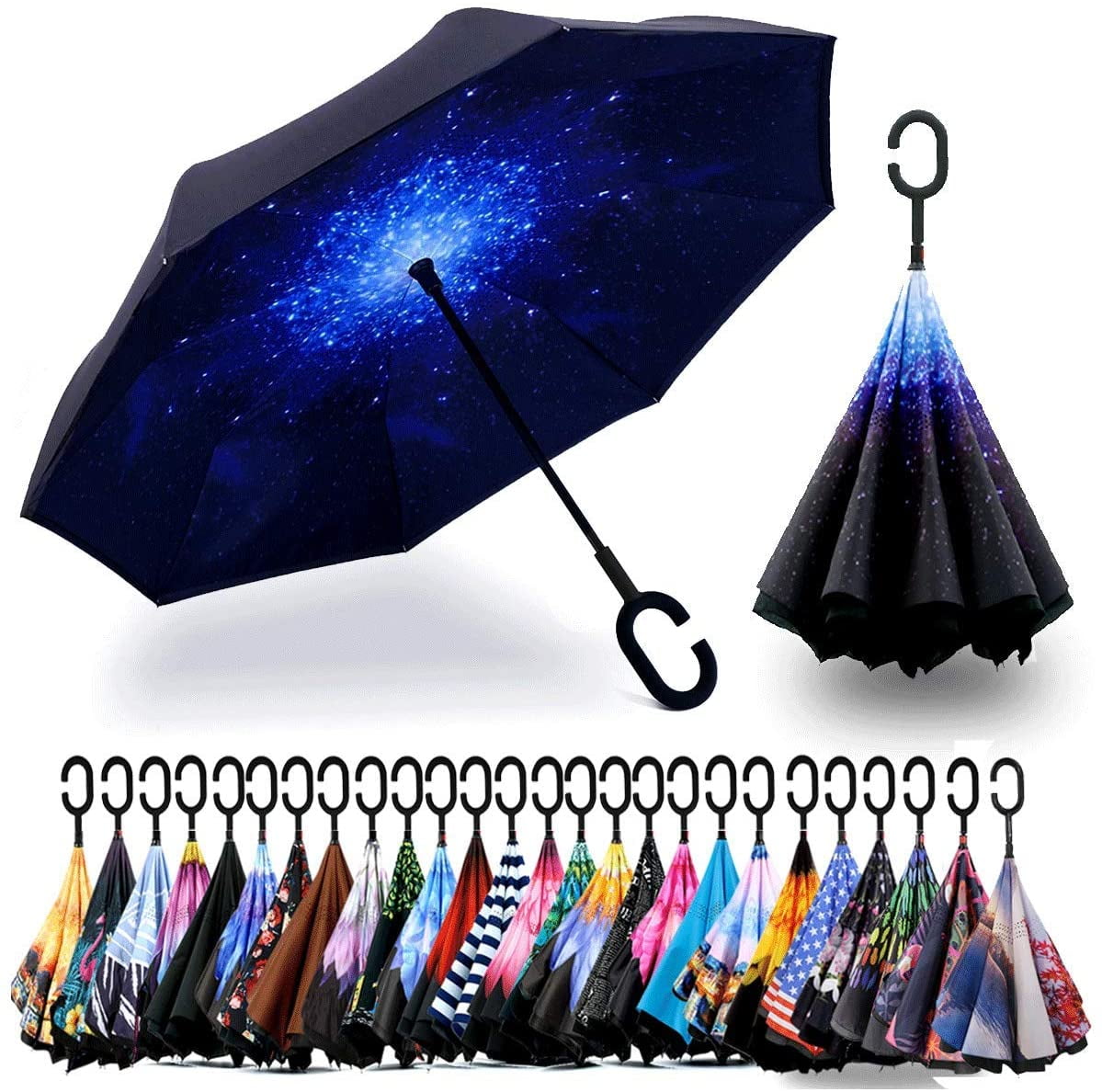 ZOMAKE Double Layer Inverted Umbrellas for Women Reverse Folding Umbrella Windproof UV Protection Big Straight Umbrella for Car Rain Outdoor with C-Shaped Handle 