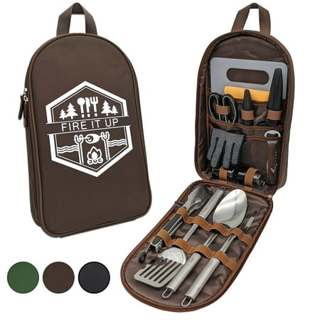 BOMKI Grilling and Camping Cooking Utensils Set for The Outdoors BBQ (Brown)