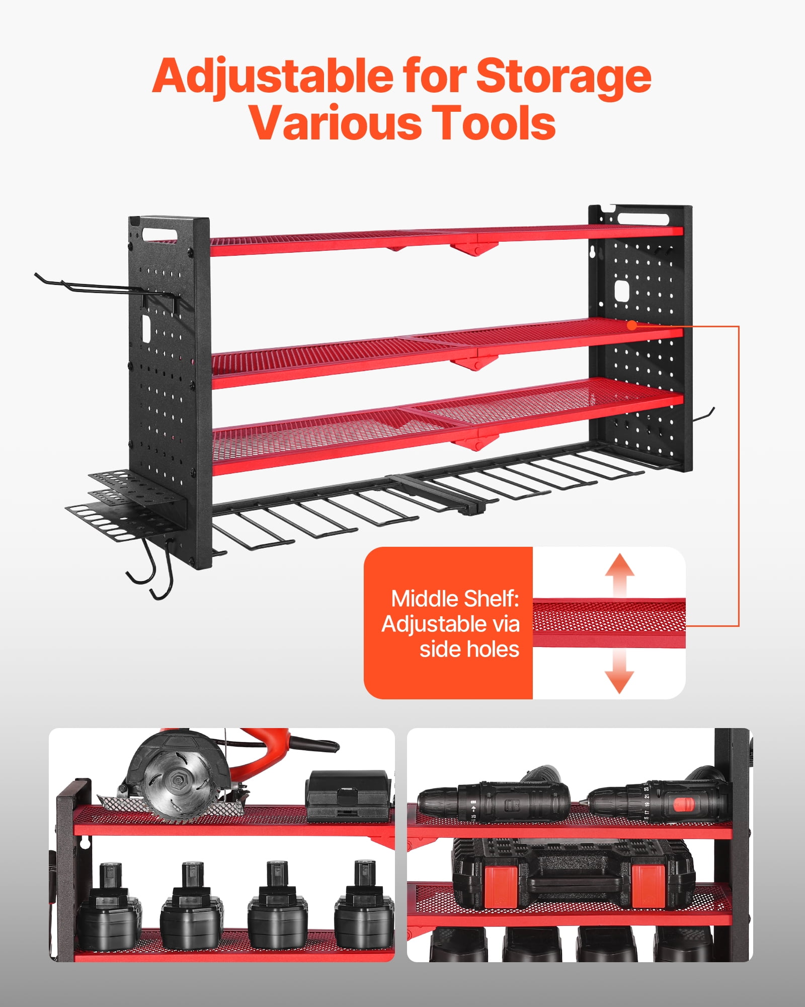 VEVOR Power Tool Organizer Wall Mount, 4-Layer Storage Rack with 8 Drill Holders, Tools Holder and Storage Rack with Side Pegboards, Garage Tool Organizer for Garage, Workbench, and Workshop