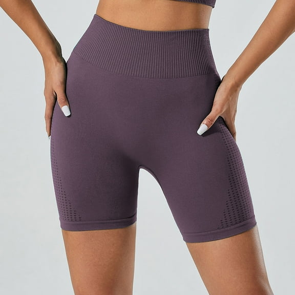 Ribbed Knit Short Leggings for Women Summer Yoga Workout Shorts High Waisted Tummy-Control Stretch Sports Pants (S, Purple)