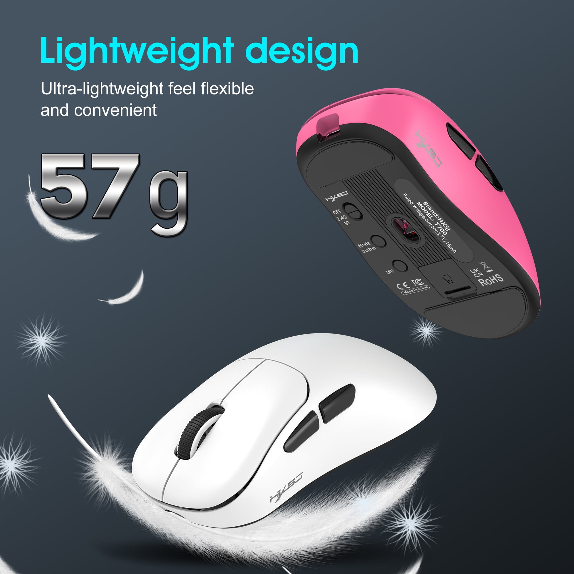 Wireless Gaming Mouse with 57g Lightweight Design,10000DPI,3 Mode USB-C/2.4G/Dual Bluetooth 5.3,Portable Rechargeable Mouse for PC/Mac/Laptop Gamer/White