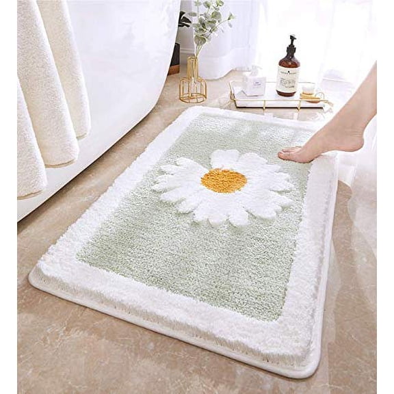 Garayma Daisy Non Slip Bath Mat Thickened Bath Rug for Bathroom Absorbent Ultra Soft Bathroom Mat Rug Fluffy Microfiber Bedside Rug Carpet Floor Mat (Daisy-Mint Green, 45x65cm)