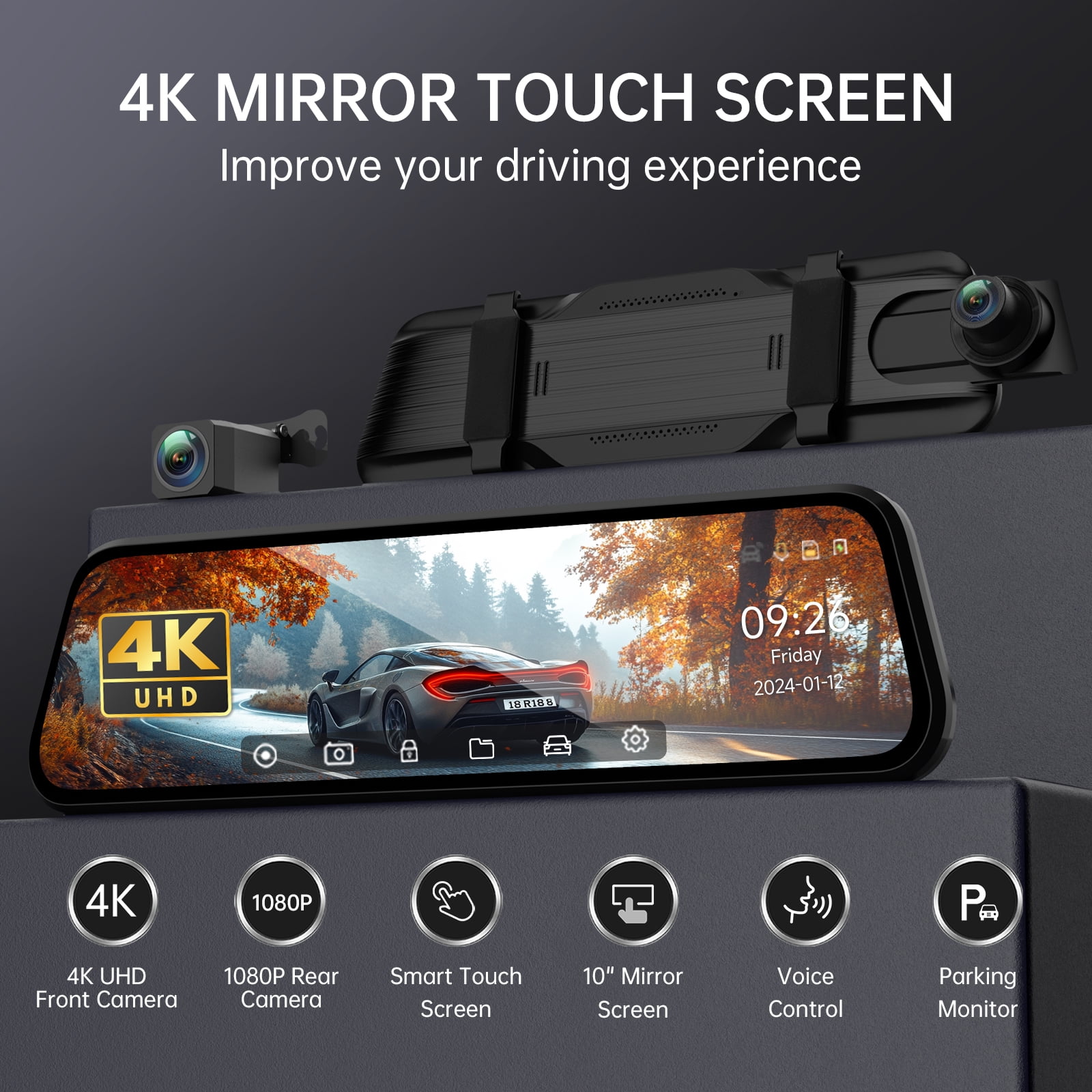 Dash Cam, 4K UHD Dual Dash Cam Front and Rear, 10"Touch Screen Mirror Camera, Night Vision, Voice Control, G-Sensor, 32GB SD Included