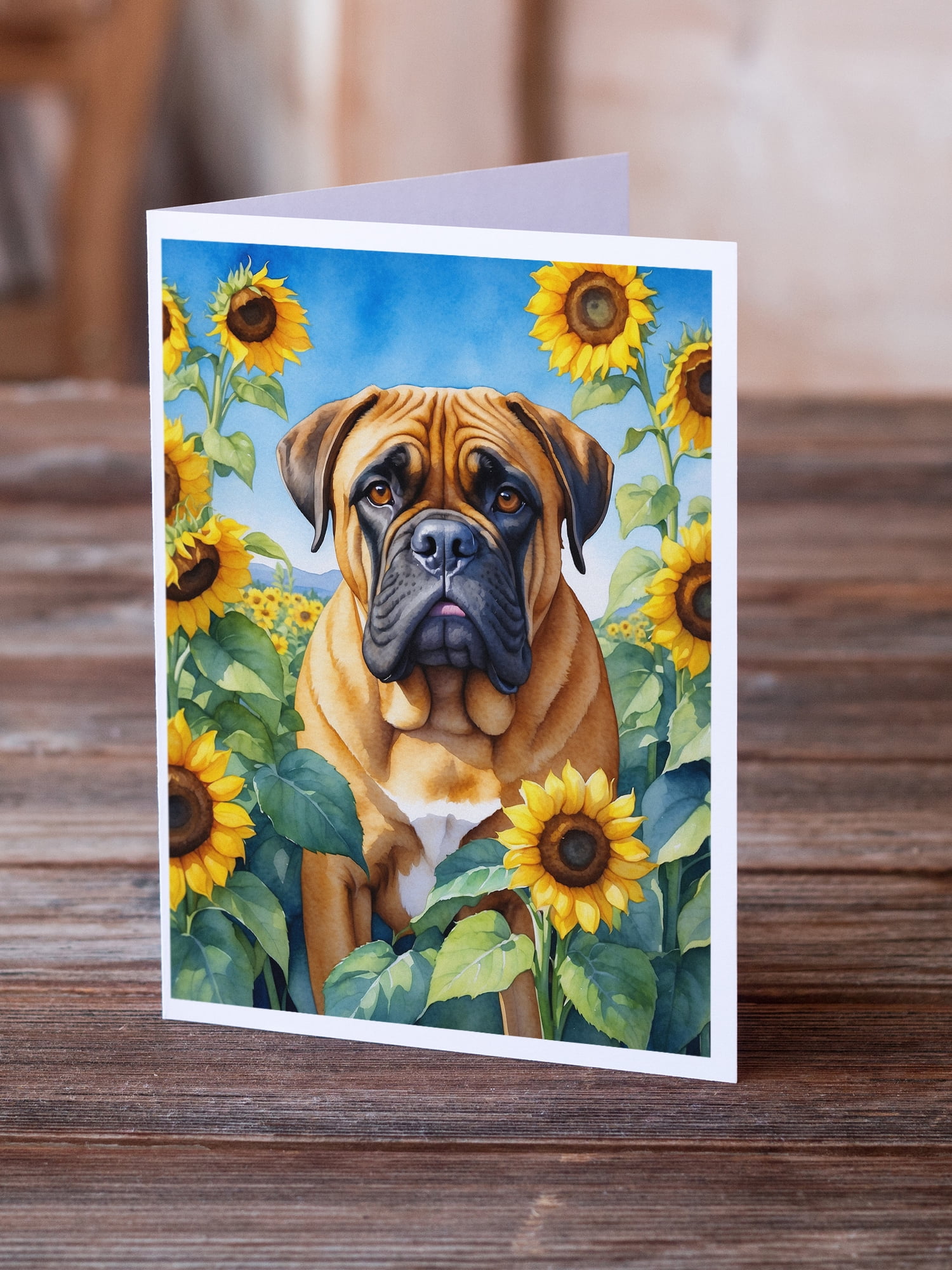 Bullmastiff in Sunflowers Greeting Cards Pack of 8 7 in x 5 in