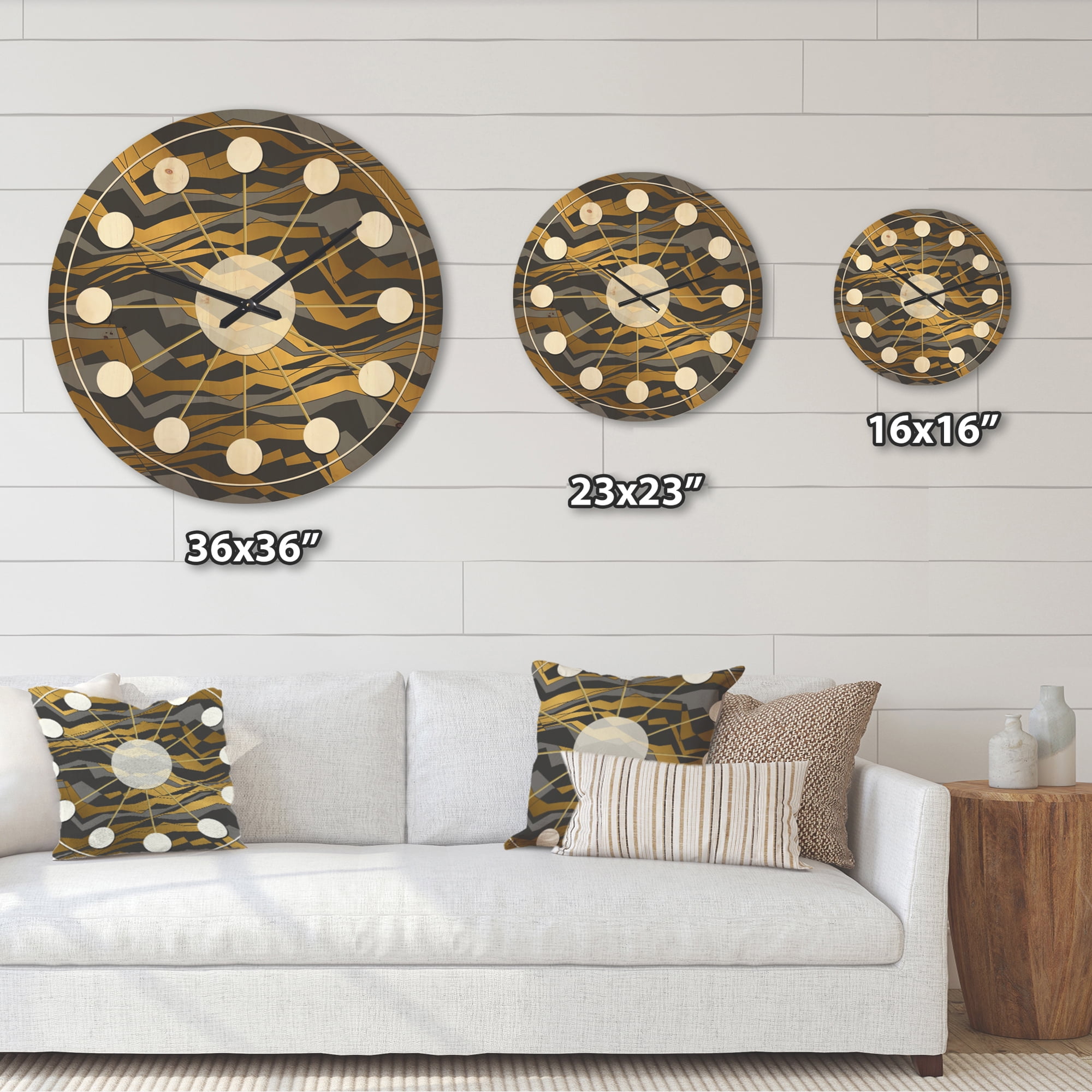 Designart 'Waves Pattern and Angled lines' Mid-Century Modern Wood Wall Clock