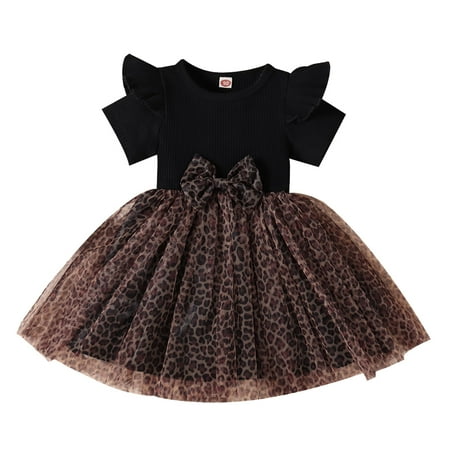 

Toddler Girls Casual Short Sleeve Bowknot Dresses Leopard Printed Tulle Princess Dress