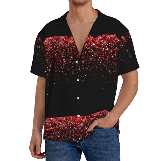 Balery Red Glitter1 Camisa Casual de Manga Corta con Botones para Hombre, Texturizada, Estilo Cubano, para Playa, Verano-Medium