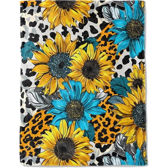 Sunflower and Leopard Print Fleece Blanket - Lightweight Soft Cozy Gifts Throw for Floral Lovers,Women,Adult,Yellow and Blue Chic Flower Blankets,Home Room Modern Artistic Decor 60x80in
