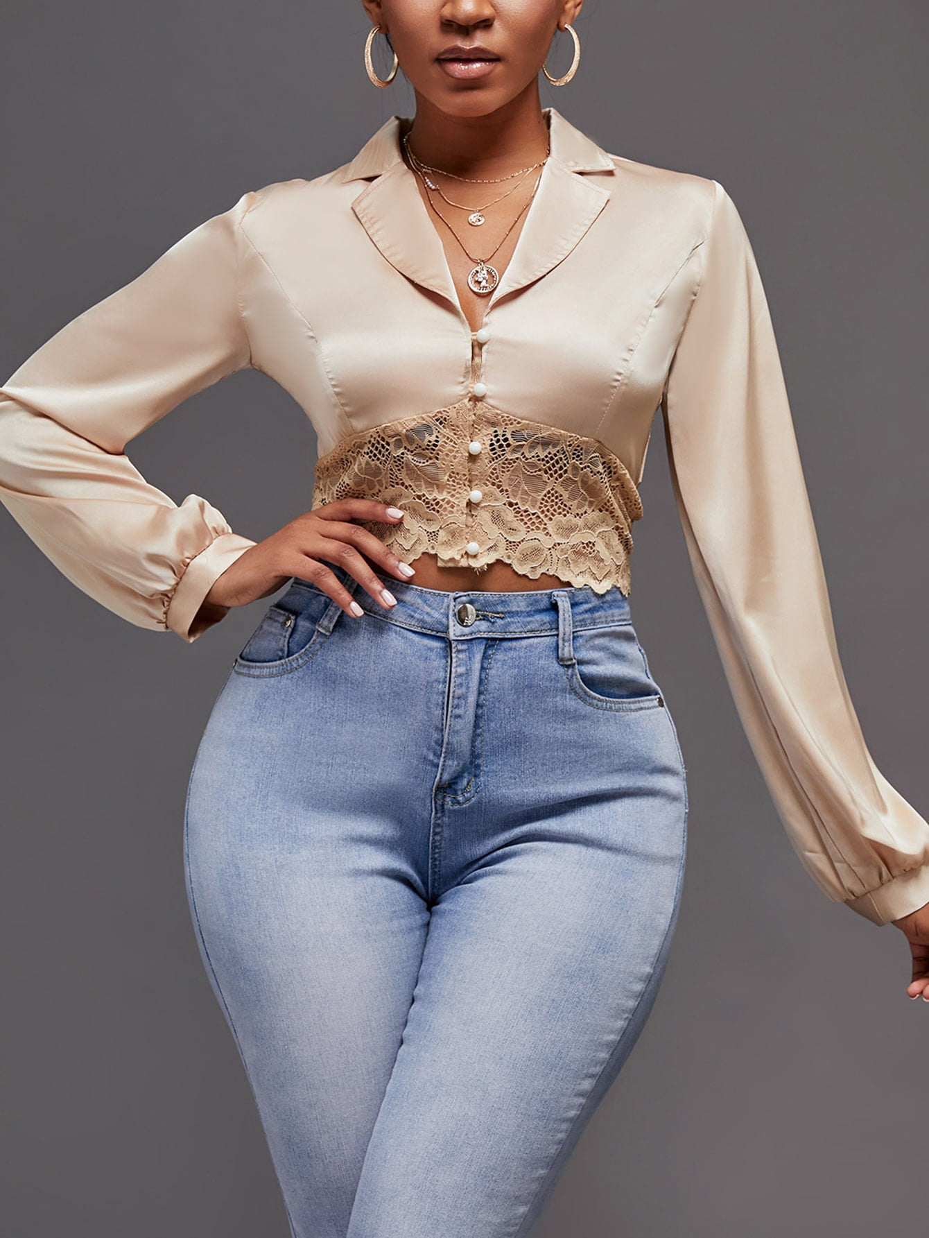 Champagne Contrast Lace Satin Crop 