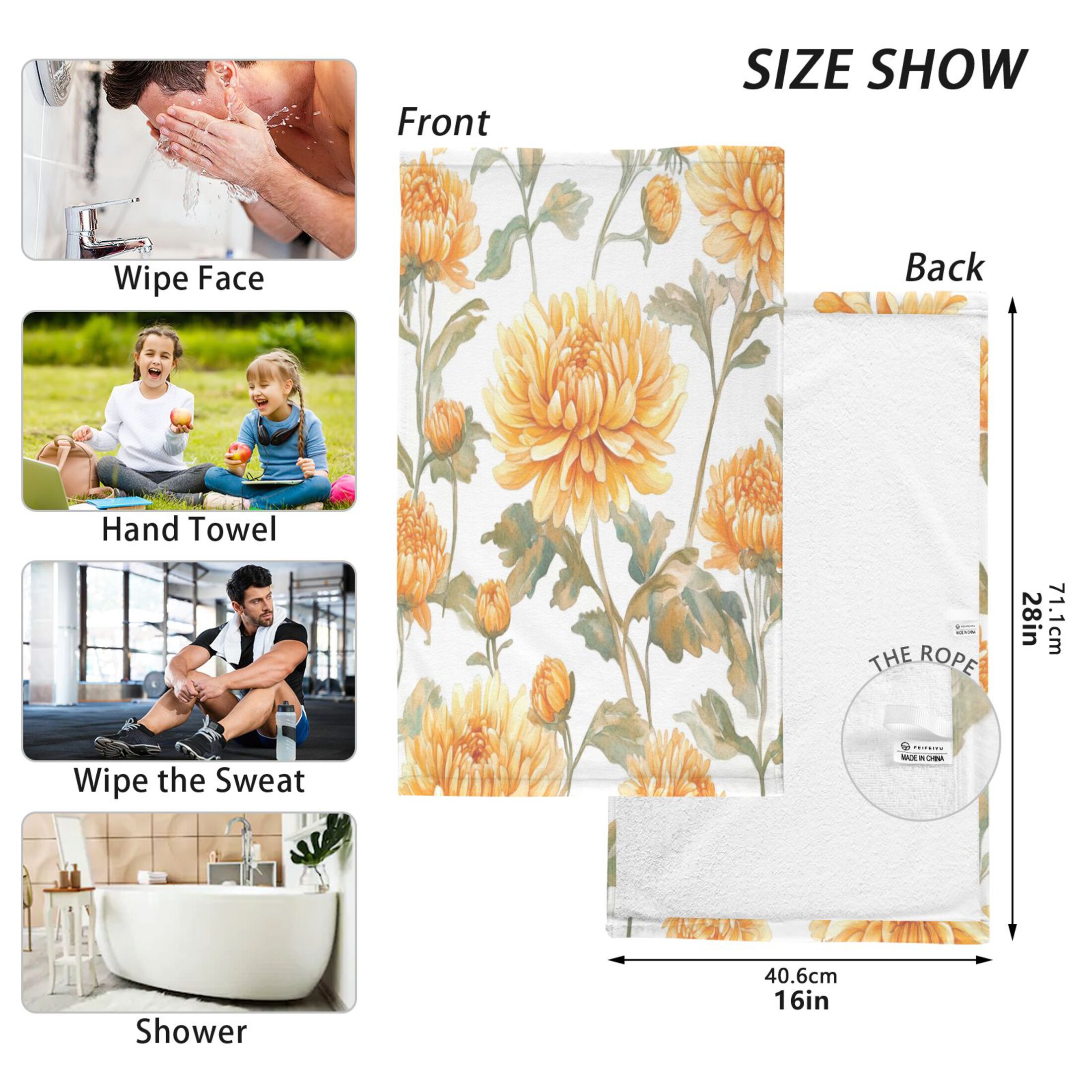 Cotton Towel Two-Piece 16x28 Inch One Sizex2 Face Towel Set Towel Set Cotton Hand Bath Towel Bathroom Beach Chrysanthemums Yellow